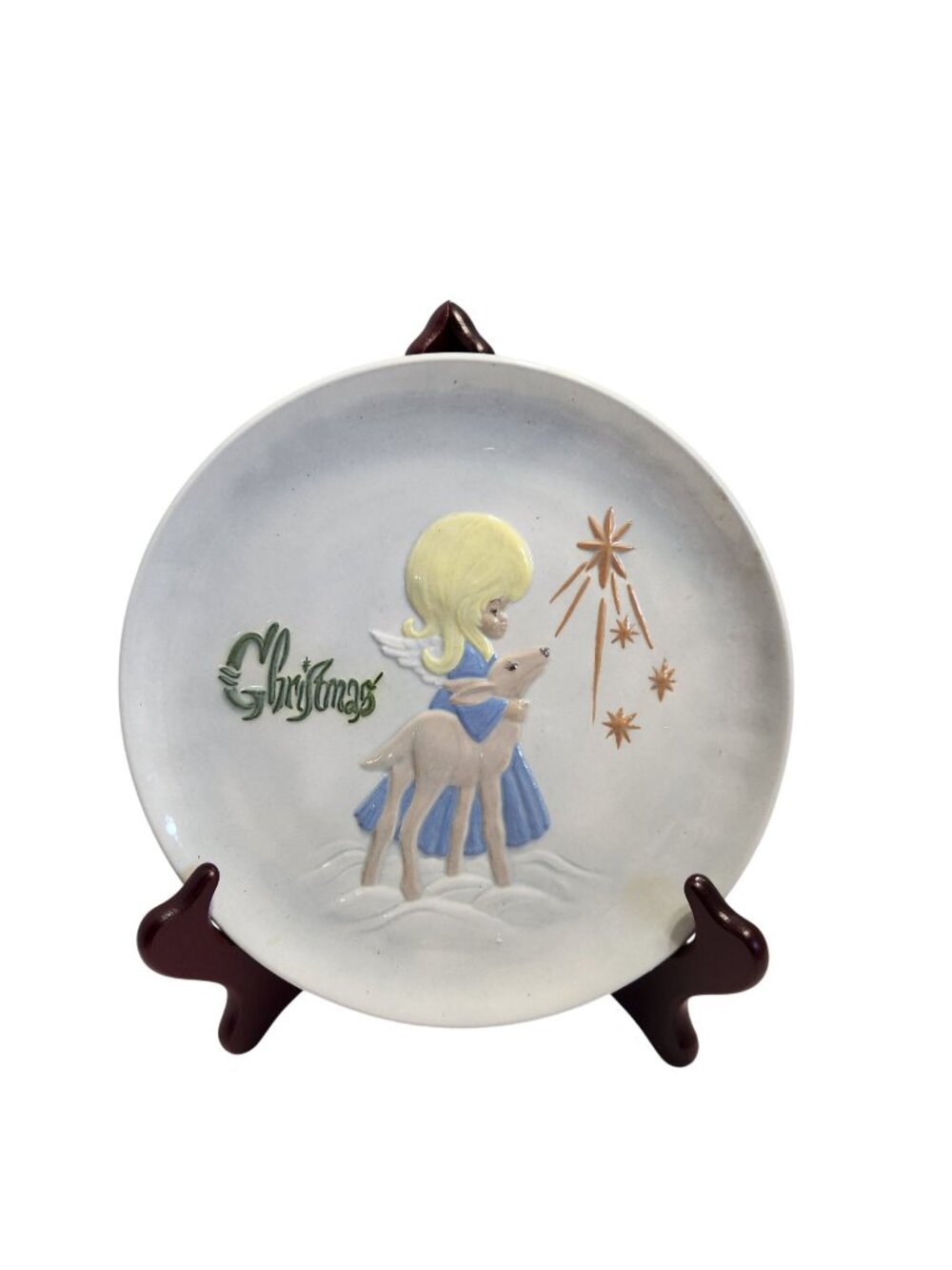 Hobbyist Angel Star ReinDeer Christmas Ceramic Decorative Plate 1982 By Kat READ